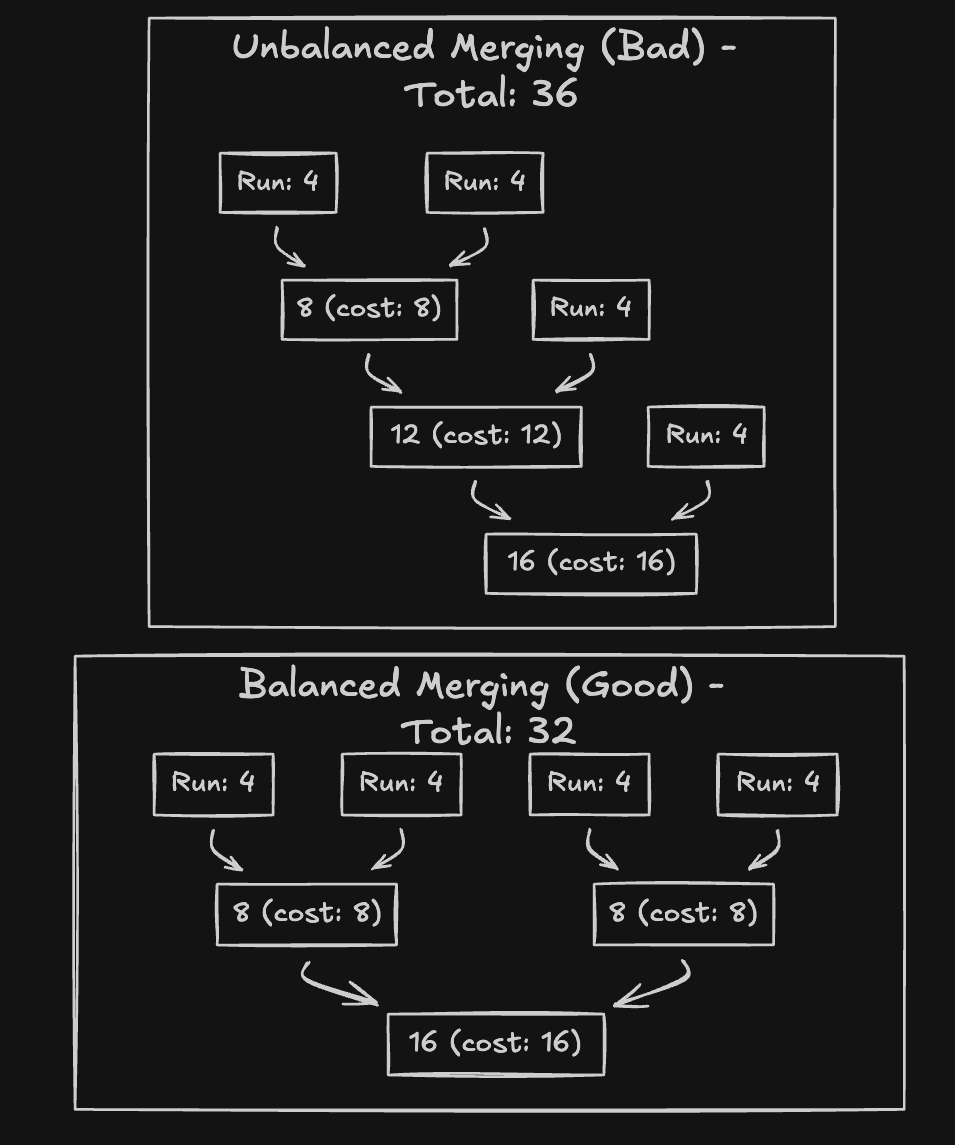 Optimized vs unoptimized merge order for 4 runs
